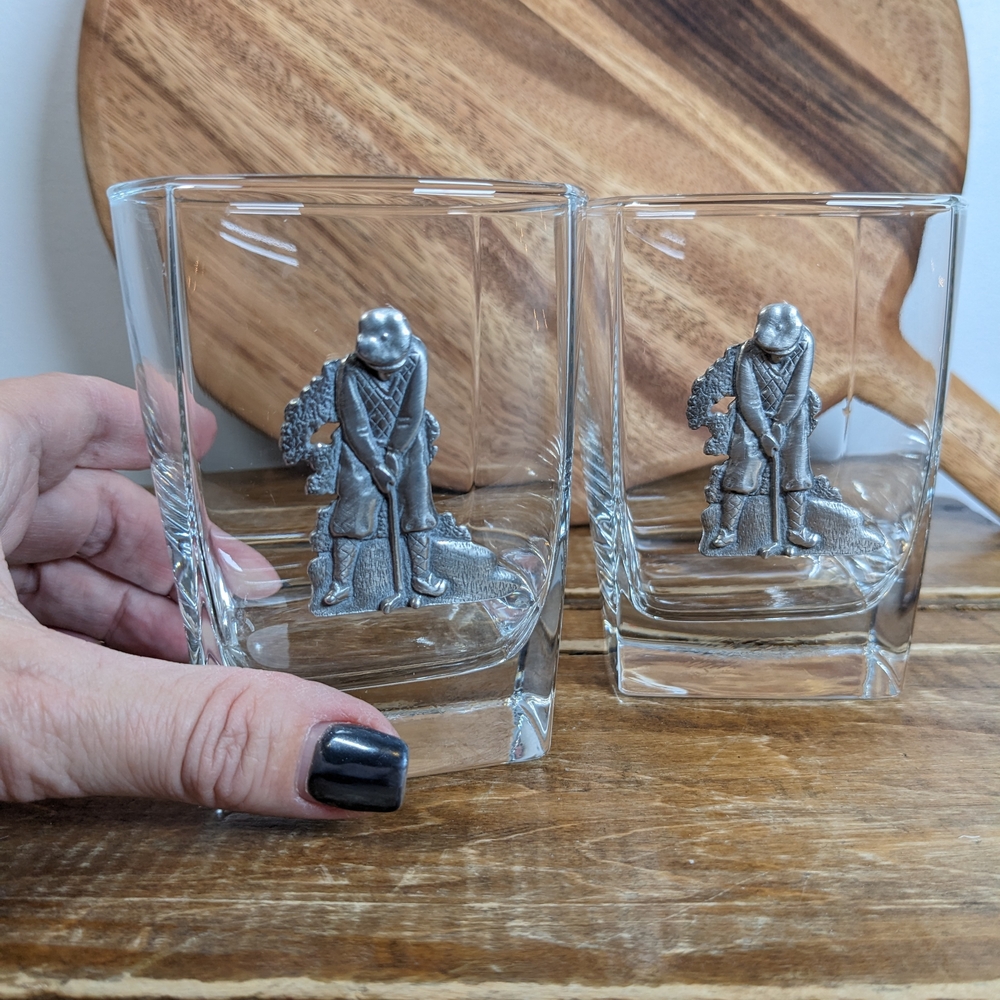 Golf Themed Whiskey Glasses | Set Of 2 | Pewter Accent | Putt For Dough